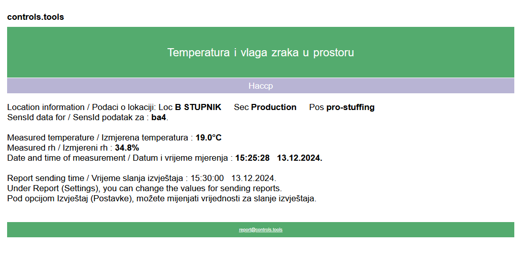 E-mail izvještaj s izmjerenom temperaturom i vlagom zraka za mjerno mjesto